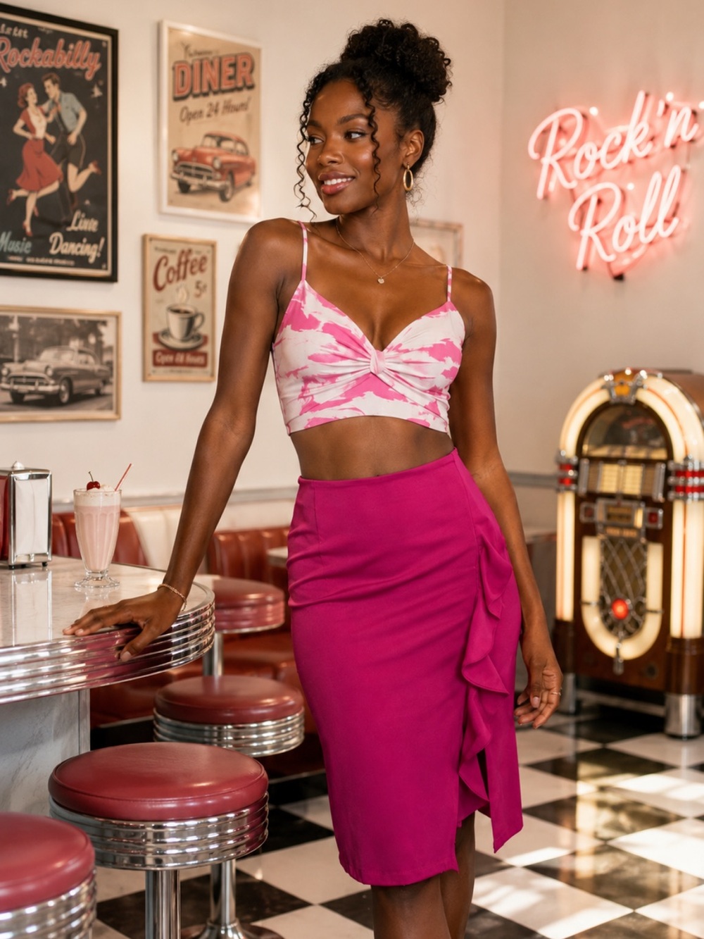 JustFab Pink Pencil Midi Skirt with Ruffles